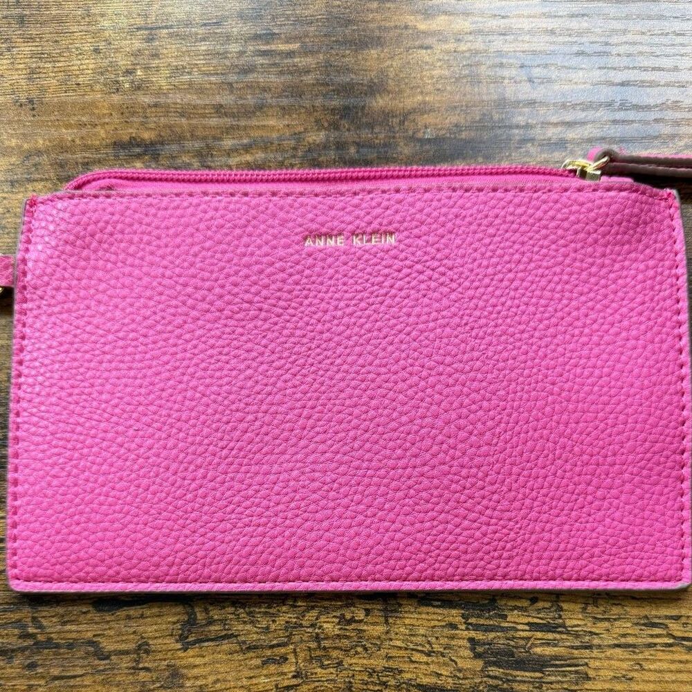 Anne Klein Hot Pink Pebbled coin Purse Mini Zip Pouch Wrist Strap NWOT